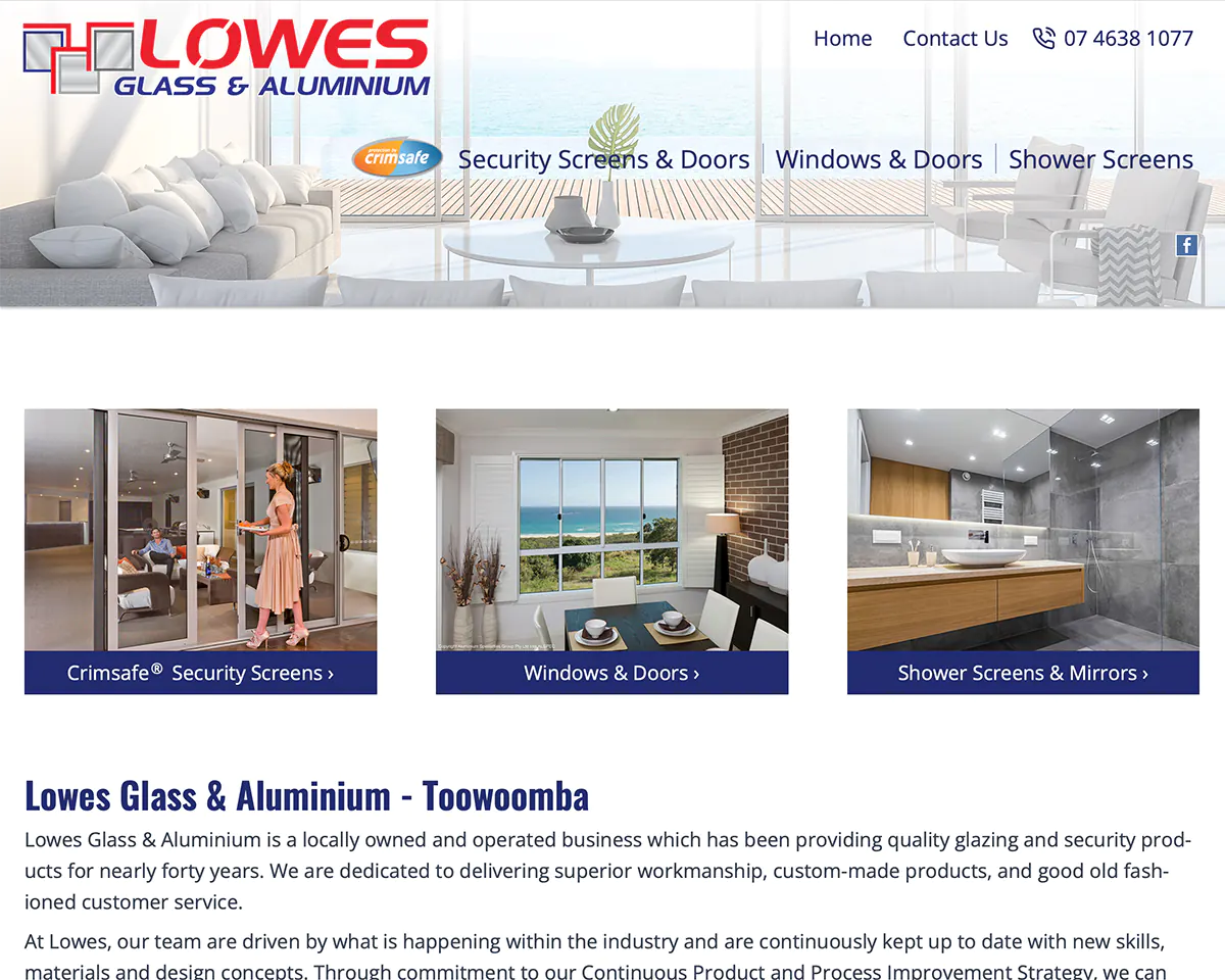Lowes Glass & Aluminium web site screen shot