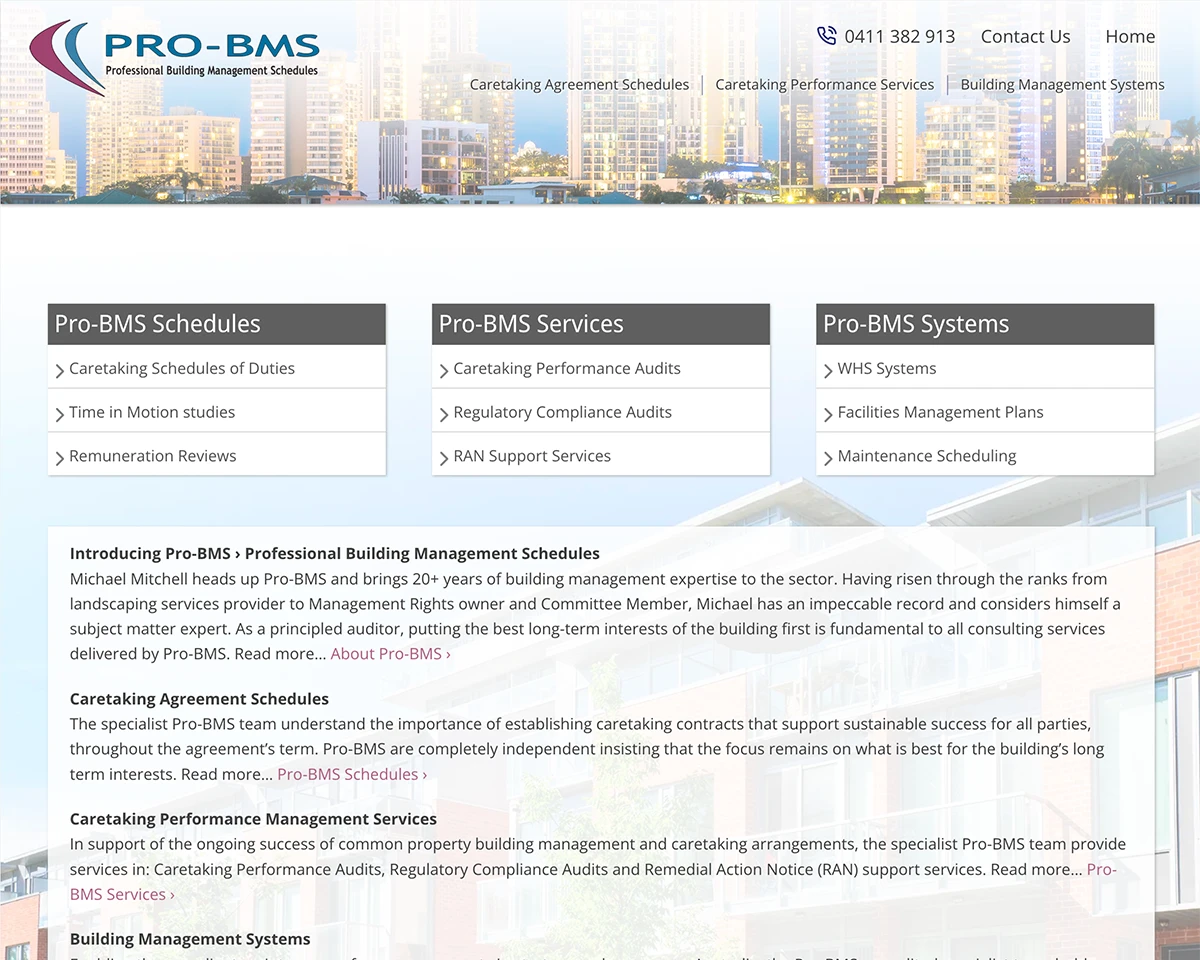 Professional Building Management Schedules web site screen shot