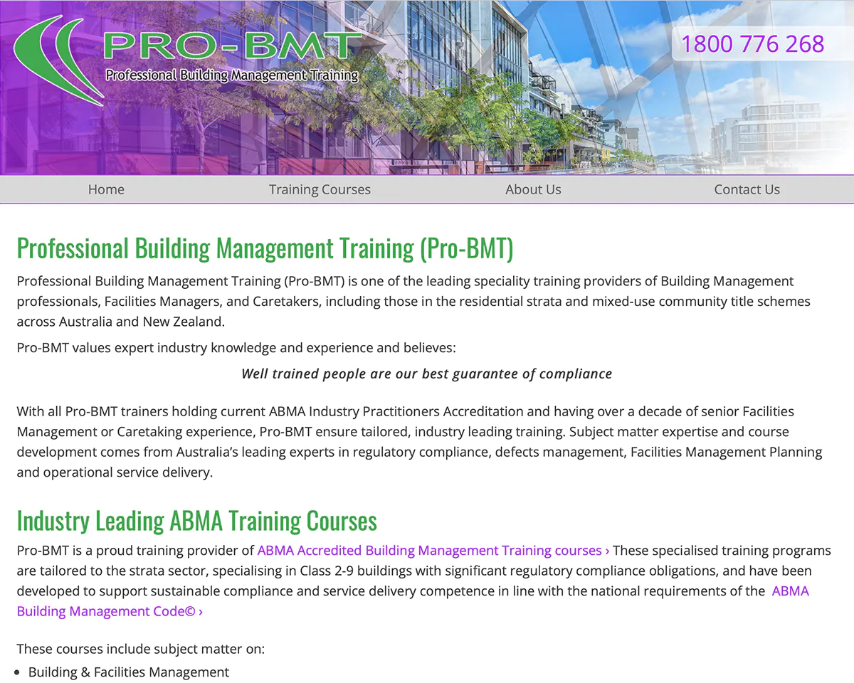 Professional Building Management Training (Pro-BMT) web site screen shot