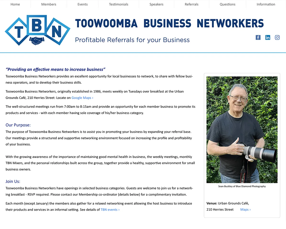 Toowoomba Business Networkers web site screen shot